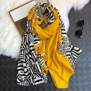 Print Yellow Zebra Scarf with Geometric Stripes – Breathable Polyester Shawl, Bohemian Style, Ideal for Beach Travel and Everyday Fashion