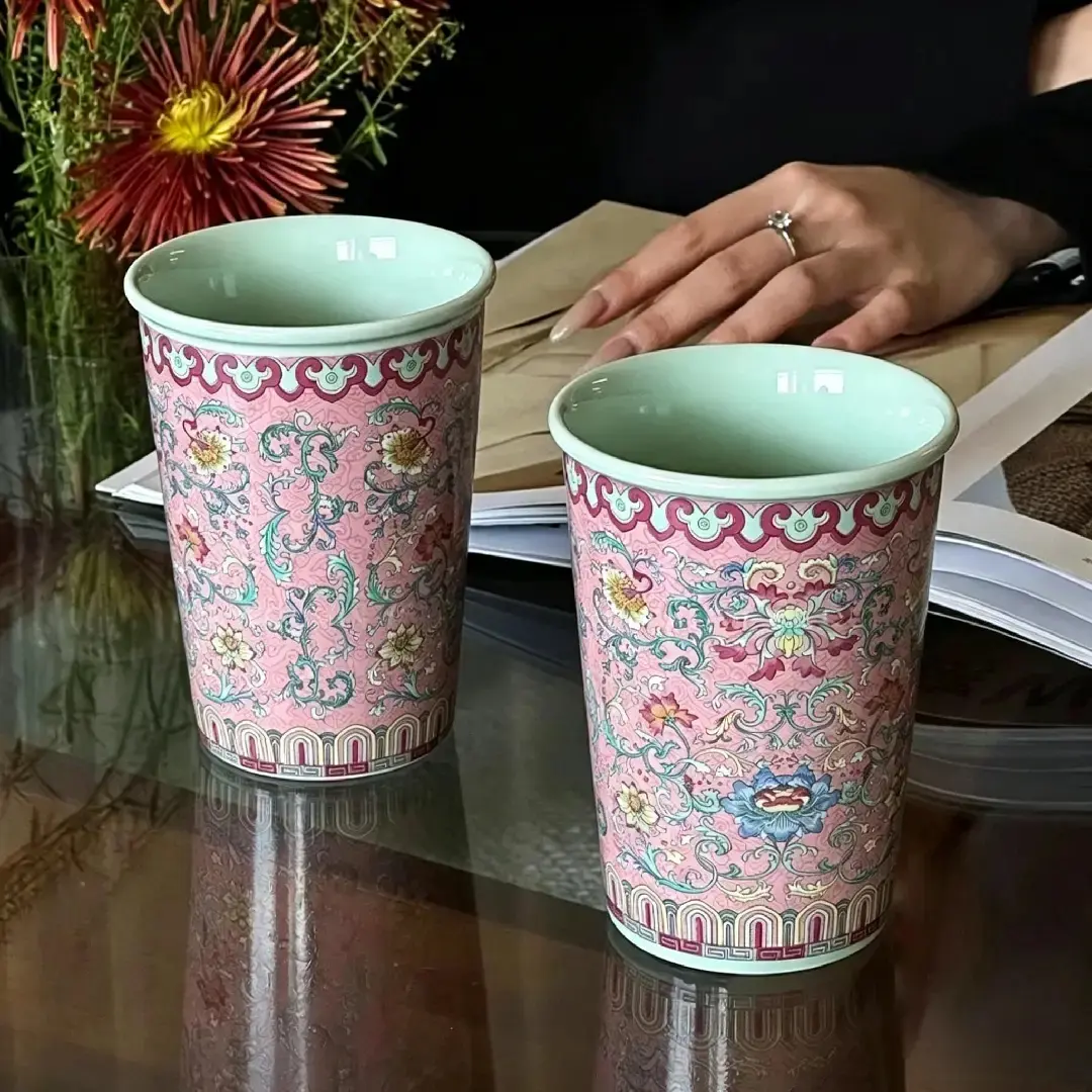 Oriental charm enamel-glazed ceramic mug, retro Chinese-inspired coffee cup