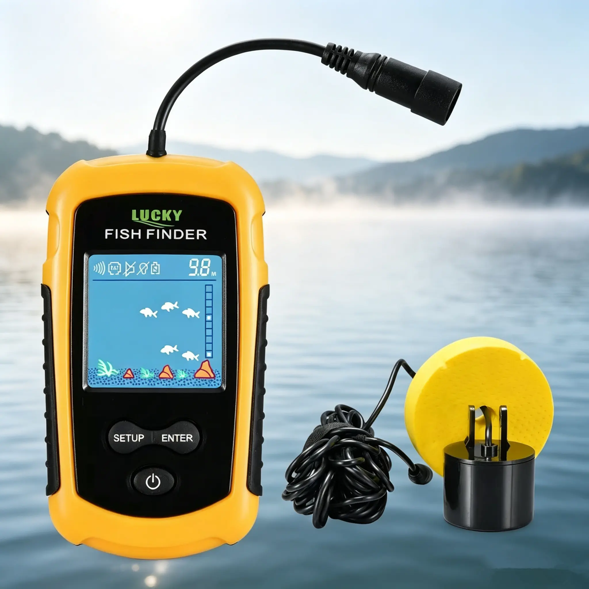 Portable Wired Fish Finder Sonar Sensor, Handheld Fish Depth Finder with Display & Fish Alarm, Sonar Transducer for Lake, River & Sea Fishing, Ice Fishing, Kayak, Boat and Shore Fishing