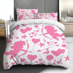 3pcs Romantic Pink Cupid Hearts Stars Bedding Set Soft & Breathable - Includes Duvet Cover and Pillowcases, Bedding set king size Perfect for All Seasons, Machine Washable - Ideal Valentine Wedding Anniversary Gift for Couples