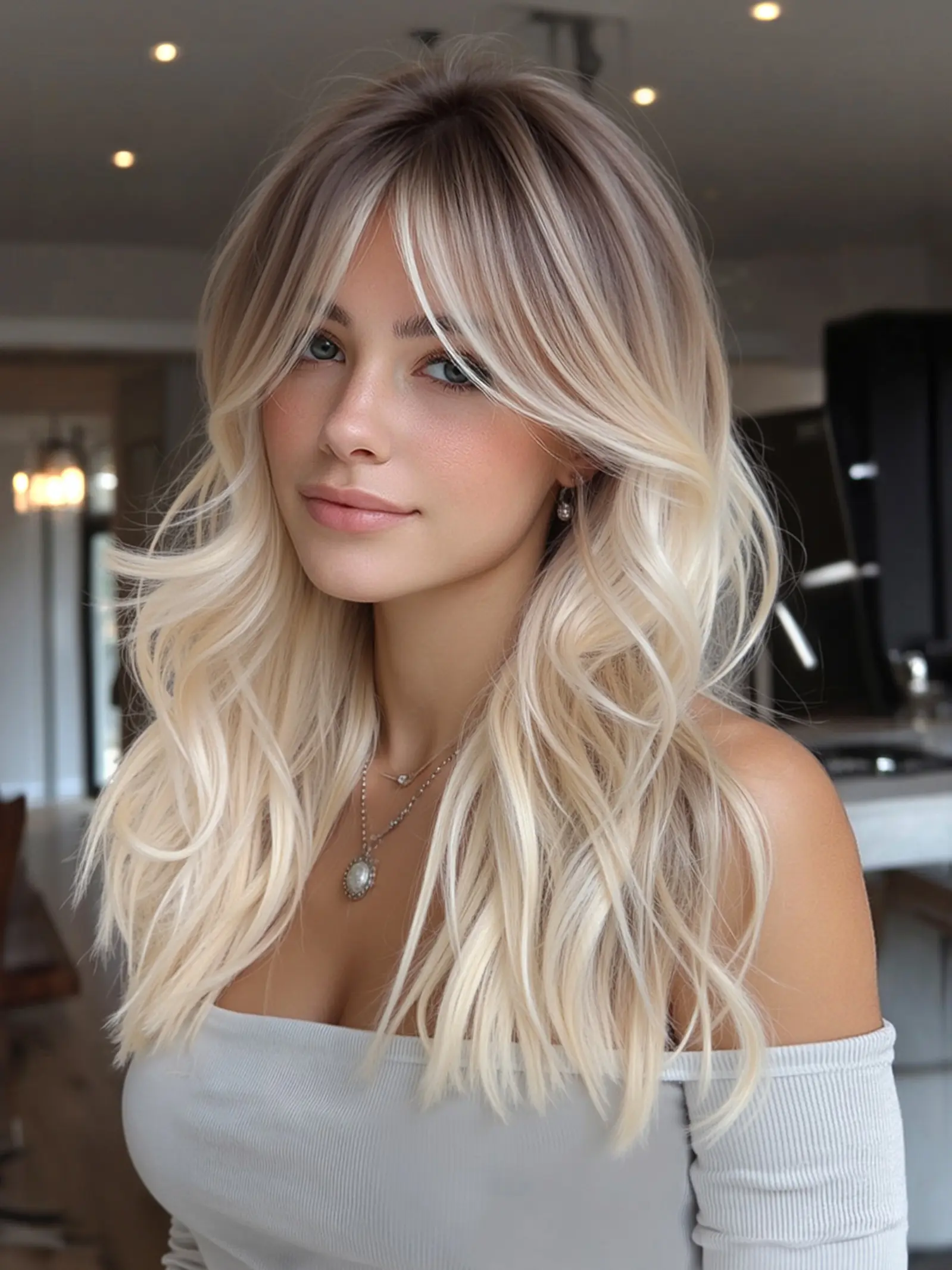 Platinum Root Dyed Wig, Synthetic Curly Wigs, Medium Length Parting Bangs, 20 Inch Shoulder Length Curly Hair, Heat Resistant for Daily Commute