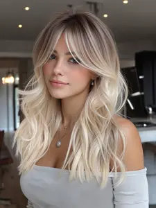 Platinum Root Dyed Wig, Synthetic Curly Wigs, Medium Length Parting Bangs, 20 Inch Shoulder Length Curly Hair, Heat Resistant for Daily Commute