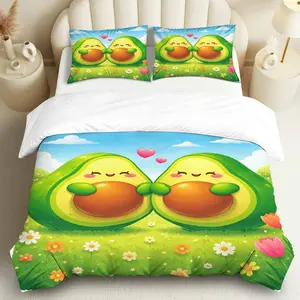 3PCS Duvet Cover Set, 1 Duvet+2 Pillowcases(Without filler), Avocado Love Cute Nature Heart theme, Valentine's bedding set,  Design Lovely Homely Bedroom Living Room Decor Suitable for decoration.