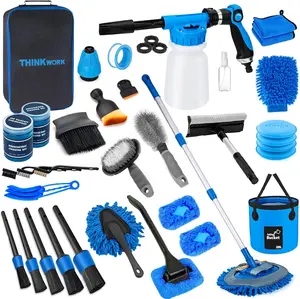 THINKWORK Car Wash Kit, Car Detailing Kit with Foam Gun, Car Wash Brush Mop and Large Folding Bucket Suitable for Car Cleaning, Blue Car Wash Set Gift for Men and Women