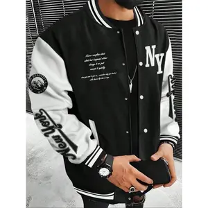 Men's Varsity Jacket Color Block Letter Graphic Long Sleeve Baseball Jacket, Bomber Baseball Coat With Pockets, Casual Loose Fit for Fall & Winter