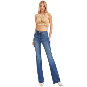 Risen Mid-Rise Flare Jeans in Dark Wash With Sight Distressed Detailing - Style# RDP5366