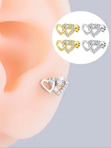 Stainless Steel Heart-Shaped Stud Earrings with Cubic Zirconia, Fashion Body Jewelry for Cartilage Piercing, Valentine's Day Gift