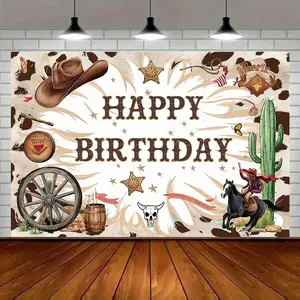 Modern Farmhouse 1pc Western Cowboy Birthday Banner, Amber Glow Polyester 100% 75g m², Versatile Seasonal Wall Decor for Home & Party, 11.8x27.5ft, Durable Room Decoration with Cowboy Themed Elements Ornaments