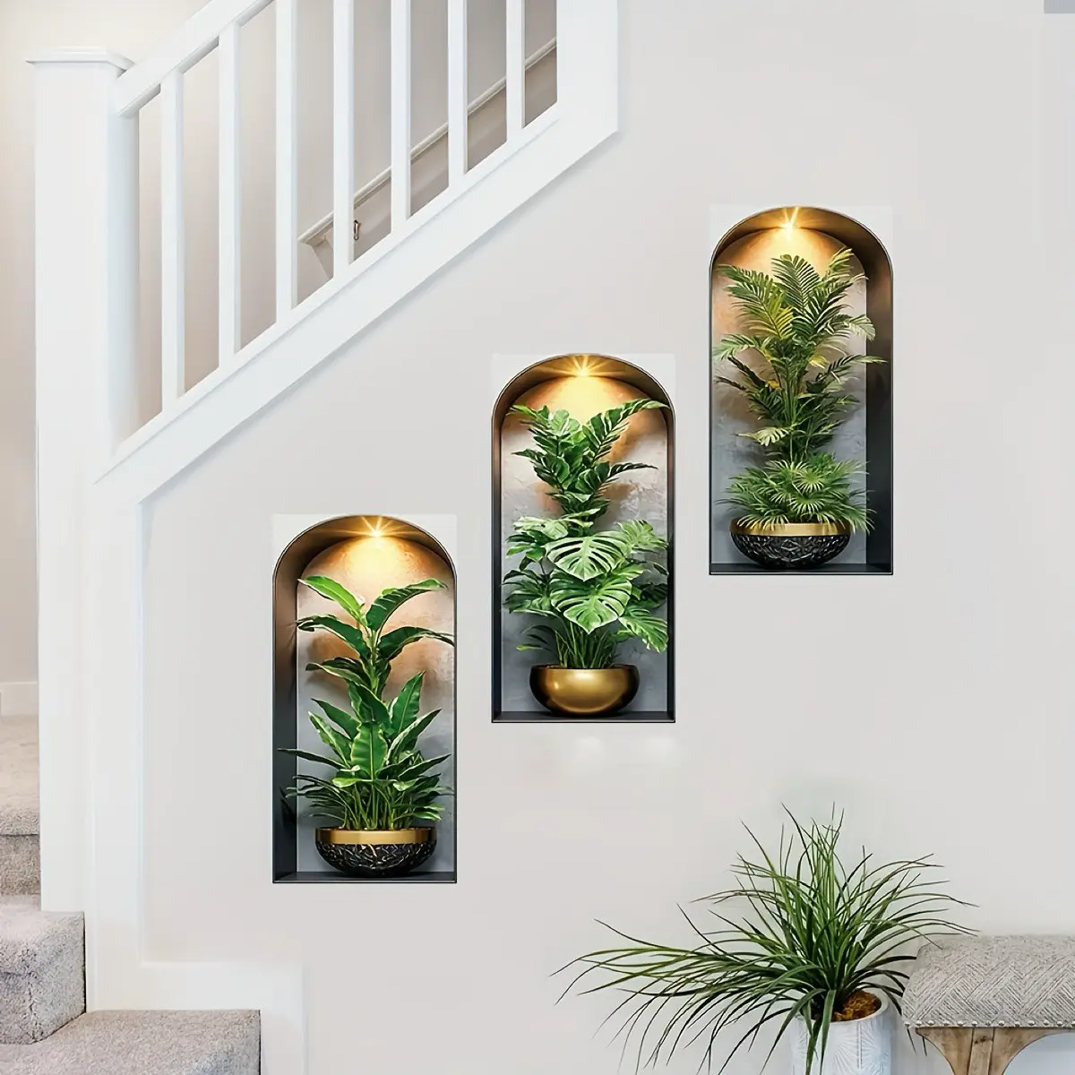 Modern Arched Niche Plant Decal Set, Tropical Leaf Palm Design, Lighting Effect, Living Room Staircase Wall Art Decor, Wall Stickers, Decorative Sticker, Home Decor