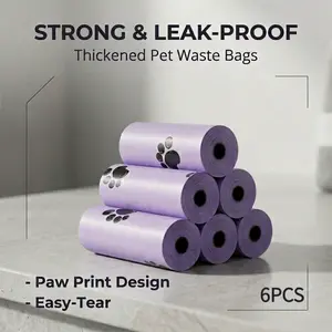 6 Rolls Thickened Strong Leak-proof Pet Poop Bags, Purple Paw Print Design, Durable And Easy To Tear, Special Dog Waste Bags For Daily Walking Pets And Household Cleaning, Suitable For Indoor And Outdoor Use