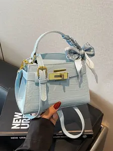 High-end elegant women's handbag decorated with silk scarf; fashionable crocodile-embossed shoulder bag, simple and versatile urban style crossbody bag with adjustable strap.
