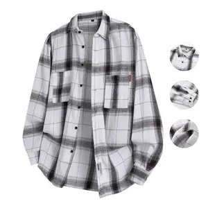 Buttoned Front Workwear-Inspired Plaid Shirt with Oversized Fit, Functional Pockets & Trim Details