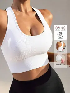 Women's Seamless Yoga Sports Bra, Sleeveless Round Neck High Support Athletic Fitted Fitness Top, Breathable Elastic Fabric, Ideal for Gym Training and Sport