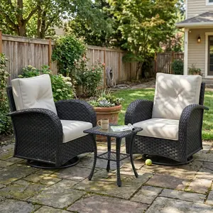 LayinSun 3 Pieces Patio Outdoor Conversation Set, Wicker Furniture Set with Swivel Chairs and Fire Pit Table 2-Seat