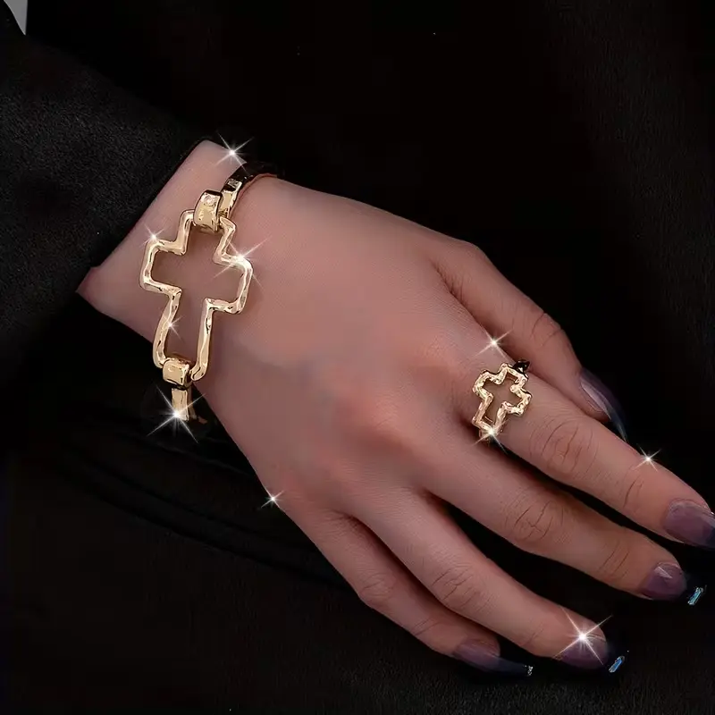 Golden Hammered Cross Jewelry Set for Women, 2-Piece Matching Ring and Bracelet with Handmade Irregular Statement Design, Matching Jewelry Set, Elegant Jewelry Set