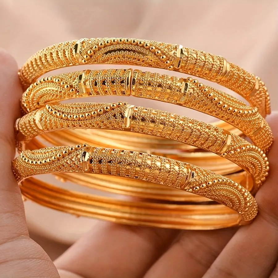 Charm Bracelets for Women, 4pc Gold-Plated Boho Chic Set with Greek Key Pattern, Exquisite Stackable Cuban Link Bangles, Lightweight Wear, Bracelets Bangles, Exquisite Bracelet