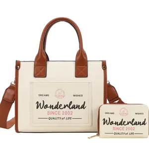 Vintage Canvas & PU Leather Tote Crossbody Bag Set with Wallet – Women’s Everyday Handbag