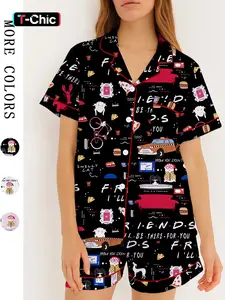 Women's Friends TV Show Sleepwear Set, Pajama Set, Spring Lapel Shirt & Pants Two-Piece, Short Sleeve Shorts, Party Wear, Fitted Pop Art Print