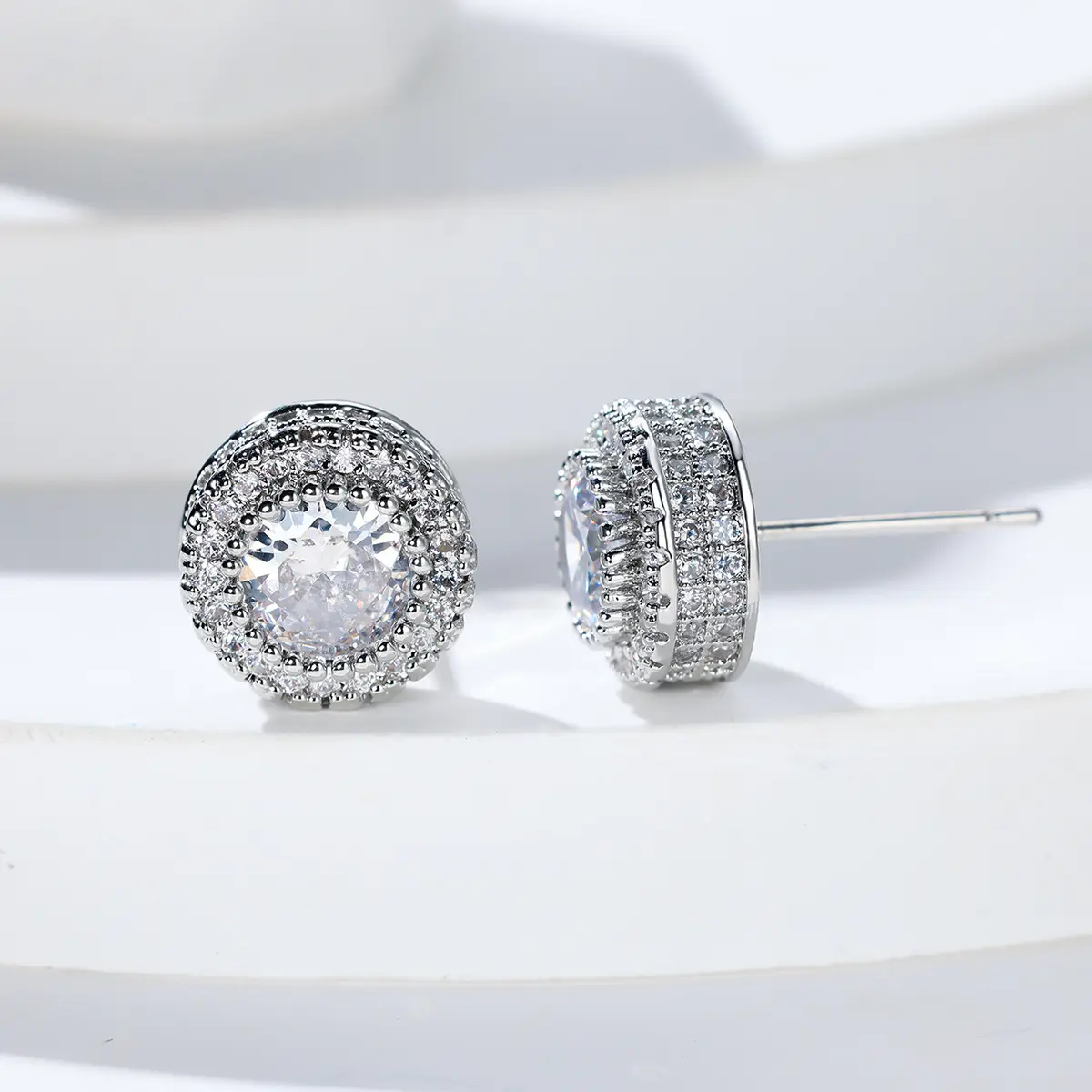 White Gold-Plated Hypoallergenic Artificial Diamond Earrings Set - Sparkling Halo Cubic Zirconia Design, Butterfly Friction Backs, Versatile Statement Jewelry for Daily & Occasion Wear, Lightweight, Gold Cubic Zirconia Earrings, Studs, Colorless Diamond E