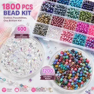 1800Pcs Mixed Beads Set, 600pcs Luxurious Artificial Crystal Beads with box & 1200pcs Colorful Glass Seed Beads 4mm Semi-Golden Rice Beads, Each Pack Containing 10 Grams for a Total of 100 Grams (3.53 Ounces) DIY Beading Supplies Handmade Jewelry Making