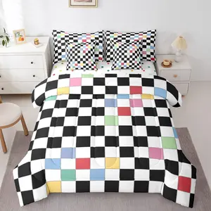 Black White Checkered Kids Bedding Set,7 Piece Colorful Checkerboard Grid Comforter Set with Sheets, Funky Buffalo Plaid Bed in A Bag