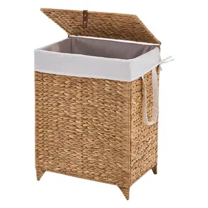Laundry Hamper with Lid and Removable Liner Bag, Handwoven Natural Hyacinth Clothes Hamper with Heightened Feet, Wicker Laundry Basket for Clothes and Towels（249）