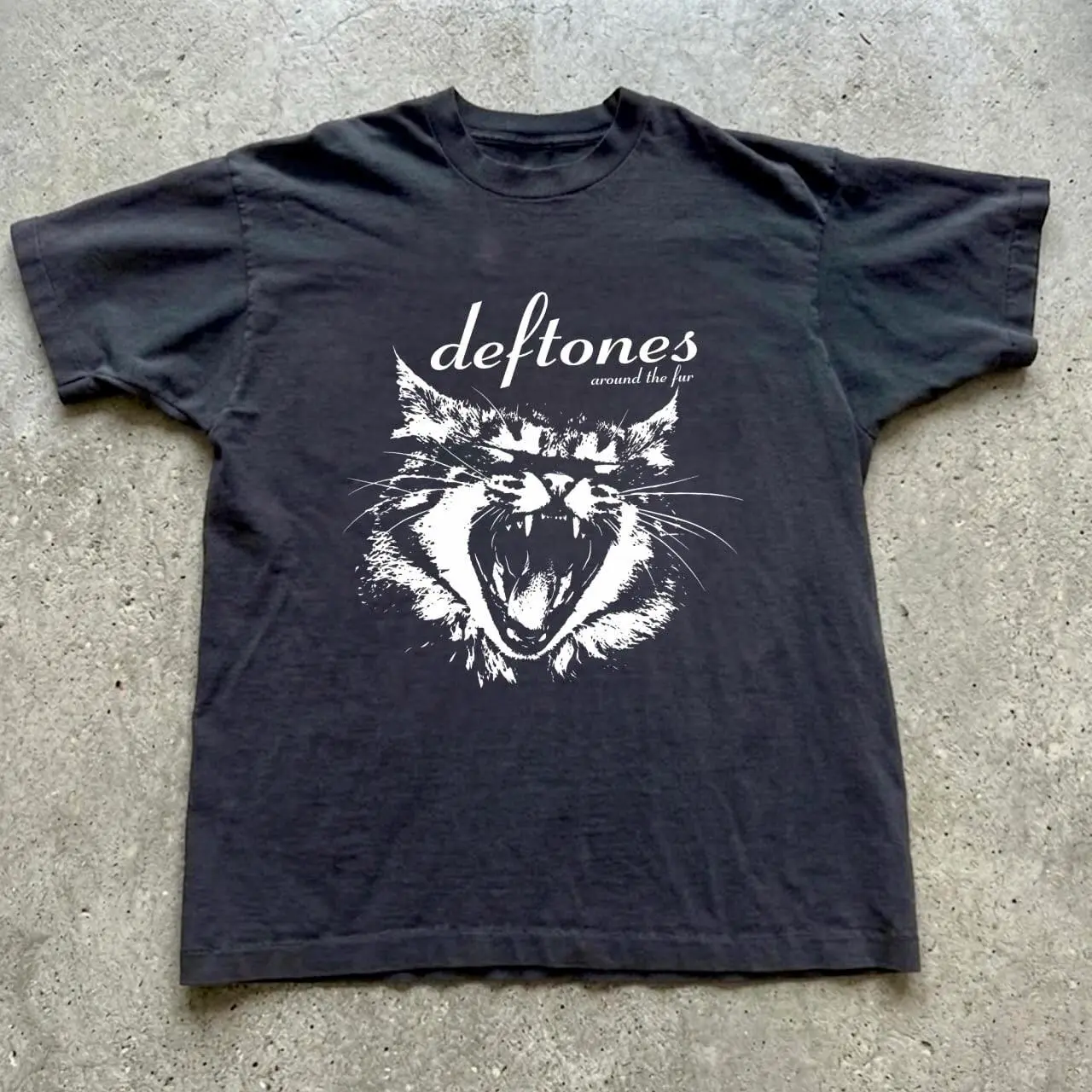 black t-shirt with white graphic of a snarling cat Gildan reprinted shirt