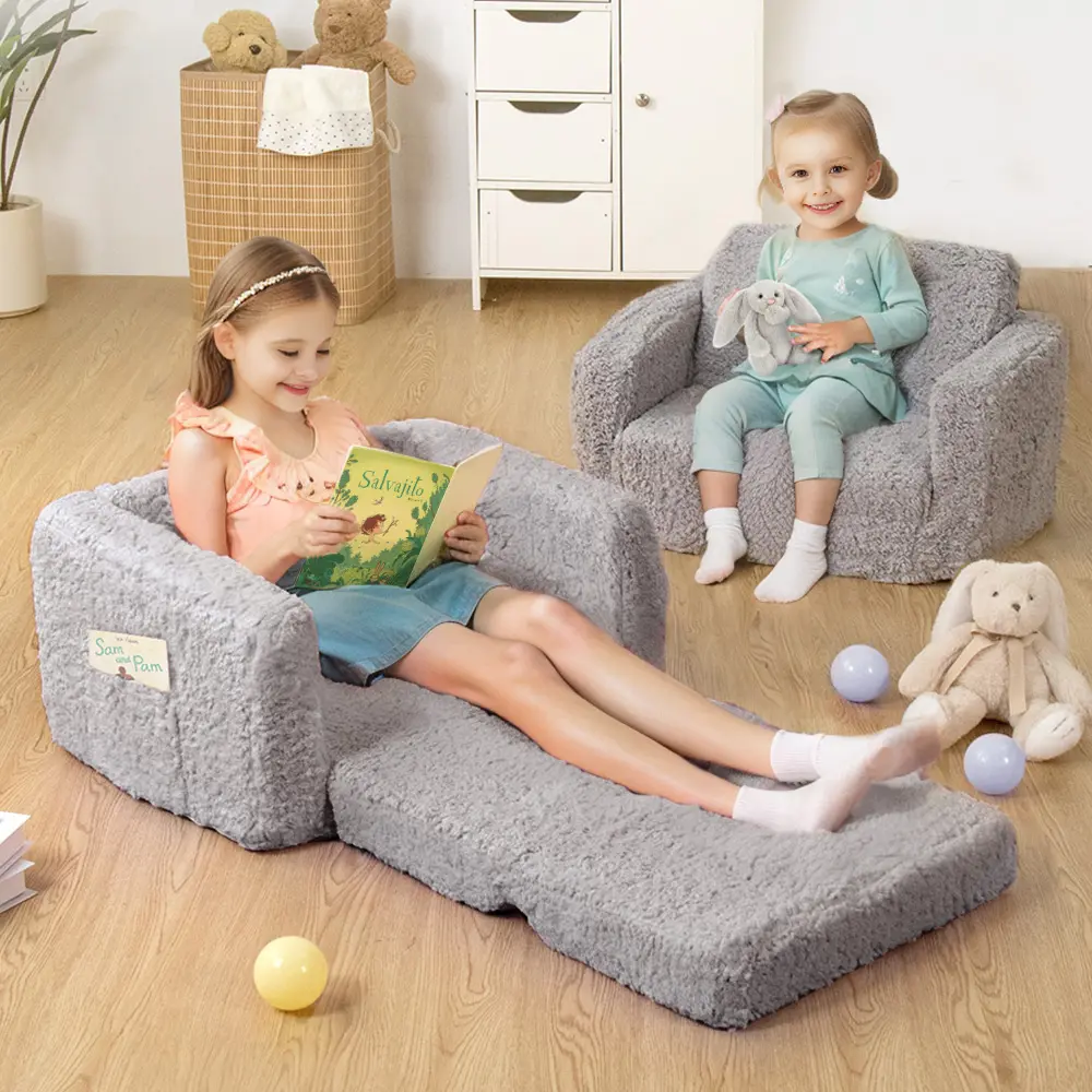 Foldable Kids Sofa Chair - 2-in-1 Convertible Toddler Couch for Boys & Girls, Gray Children's Floor Seat for Playroom, Soft & Cozy Design Foldable Kids Sofa Chair - 2-in-1 Convertible Toddler Couch for Boys & Girls, Gray Children's Floor Seat for Playroom, Soft & Cozy Design