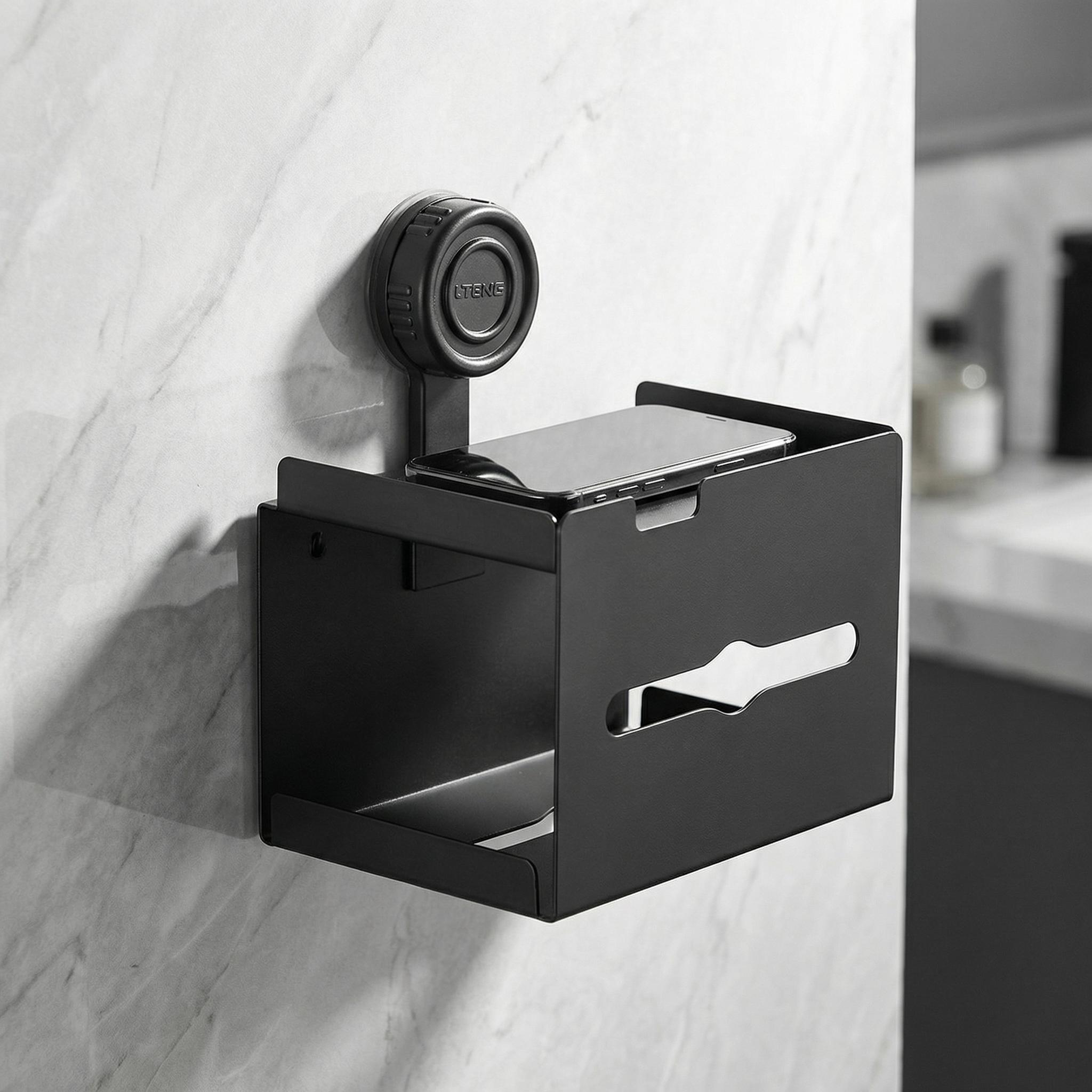 Suction Cup Toilet Paper Holder with Shelf, No Drill Bathroom Organizer, Heavy-Duty Vacuum Suction, Rustproof Space Aluminum, Matte Black Wall Mount Tissue Dispenser for Bathroom, RV, Rental Friendly Suction Cup Toilet Paper Holder with Shelf, No Drill Bathroom Organizer, Heavy-Duty Vacuum Suction, Rustproof Space Aluminum, Matte Black Wall Mount Tissue Dispenser for Bathroom, RV, Rental Friendly