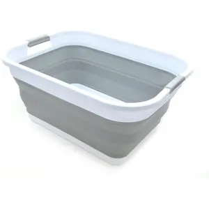 Collapsible Plastic Laundry Basket-Foldable Pop Up Storage Container/Organizer - Portable Washing Tub - Space Saving Hamper, Water Capacity: 32L (8.4 gal), Rectangular, Grey