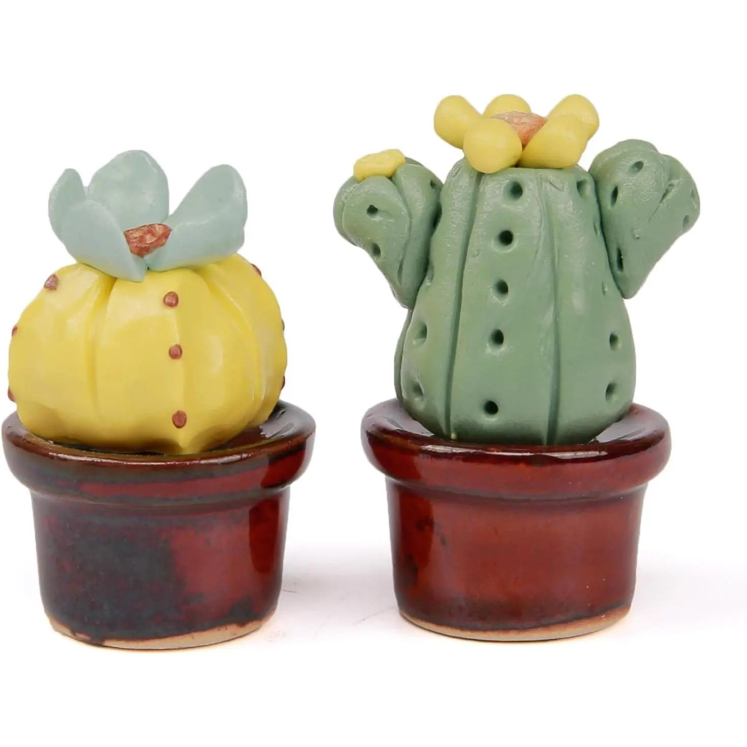 2 count  Mini Ceramic Cactus Cute Miniature Cacti Figurines  Interior Dashboard Ornaments  Office Desk Tabletop   Decorations (Yellow)
