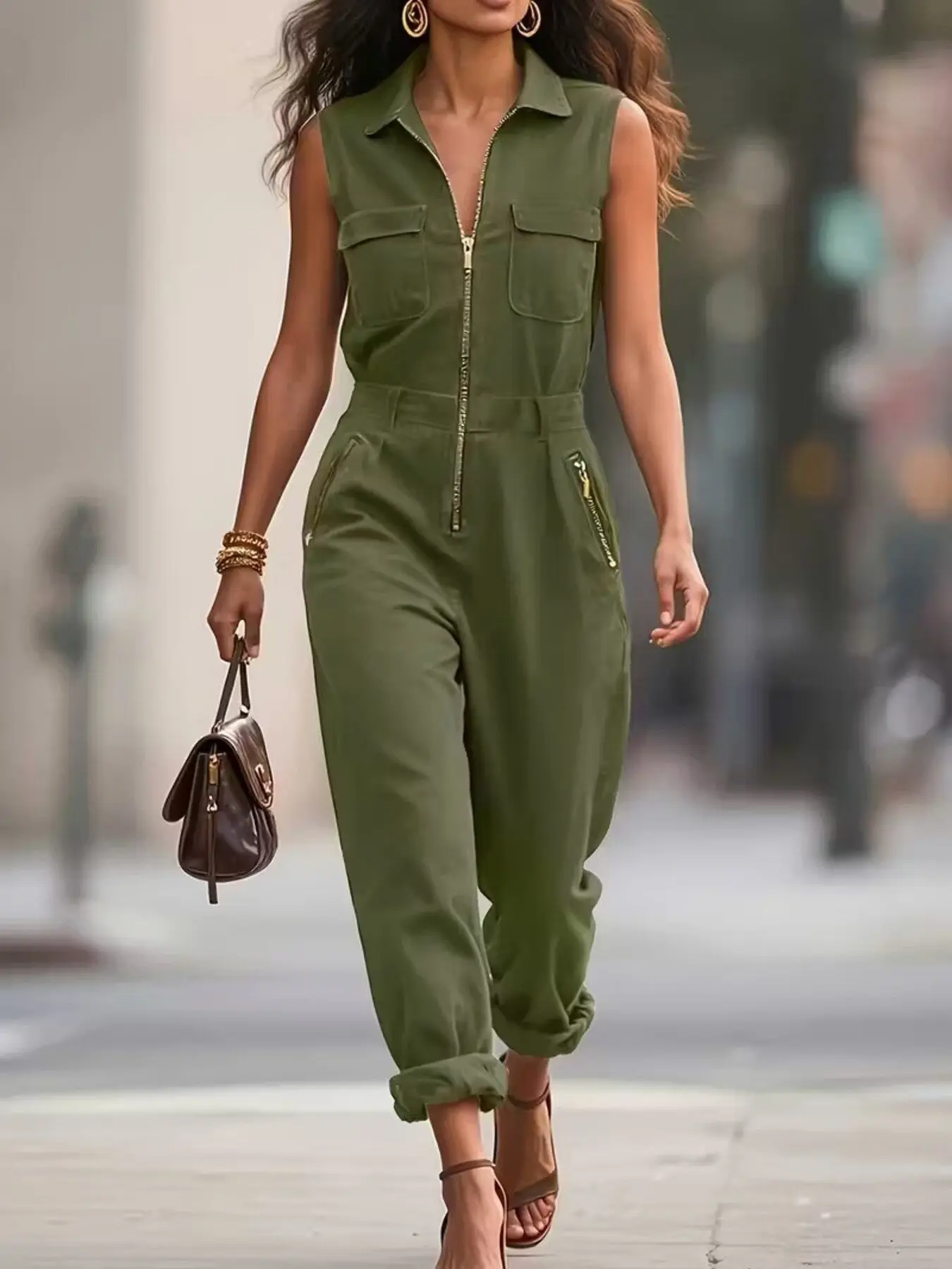 Women's Fitted Polyester Bandeau Sleeveless Casual Fashion Overalls Jumpsuit - Zipper-Front, With Pockets, Suitable for Cold Wash & Tumble Dry