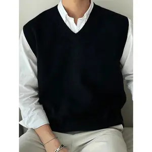 Men's V-Neck Knit Vest, Solid Color Simple Style, Classic Korean Slim Fit Versatile Sweater Vest, For Fall Winter, Long Sleeve Top