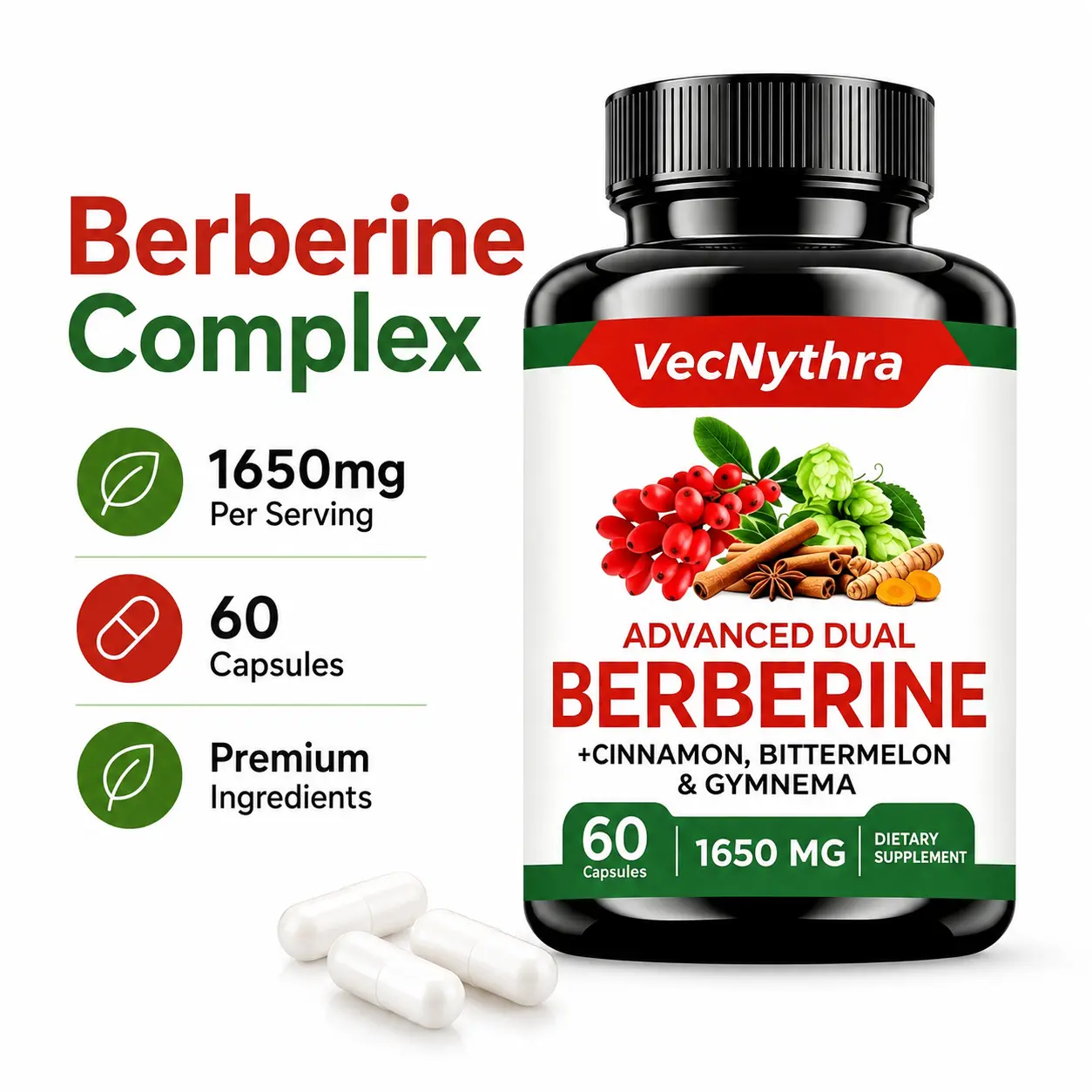 VecNythra Berberine Complex Supplement, 1650mg Botanical Blend Per Serving with Ceylon Cinnamon, Milk Thistle & Zinc, 60 Capsules