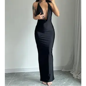 Women's Solid Backless Draped Tie Back Satin Dress, Fashion Halter Neck Sleeveless Long Bodycon Dress for Evening Party, Summer Outfits 2024, Ladies Summer Clothes
