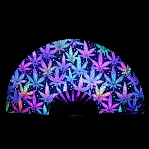 High Vibes UV-Reactive Hand Fan | Foldable Bamboo Ribs | Premium Polyester Fabric | Matching Holster | Rave Fan | Festival Fan Decor Light Lightweight Accessory Foldable Cooling Wooden