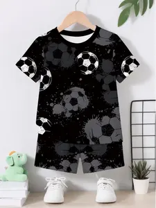 Boys Creative Cartoon Football Pattern 3D Print Set, Short Sleeve Hoodie and Gym Shorts, Comfortable Fabric, Summer Casual Wear