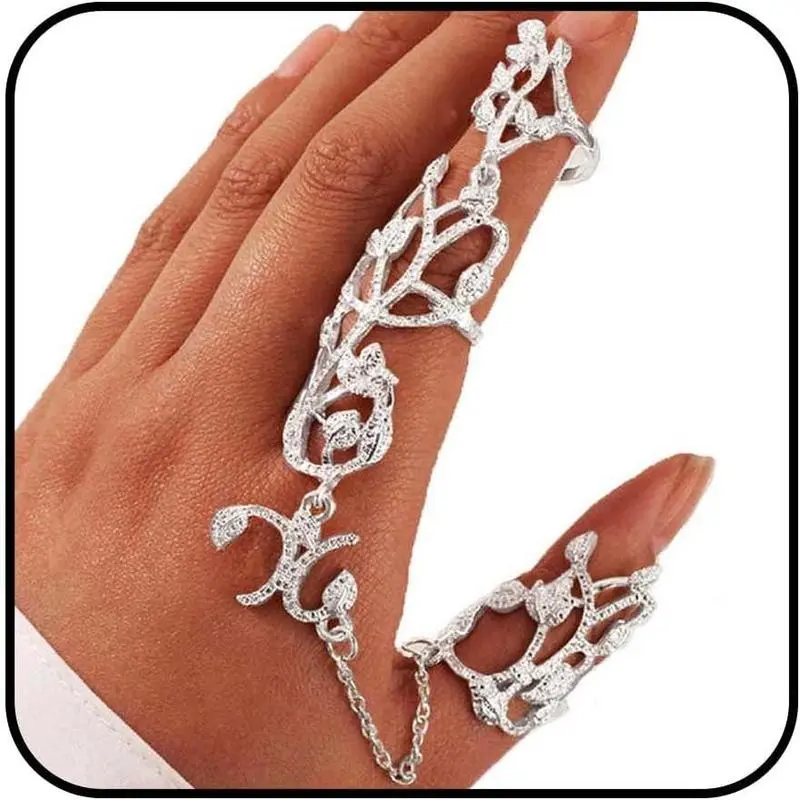 Women's Cute 6.5cm/2.5" Dainty Leaf Hand Chain, Bohemian Alloy Full Finger Harness with Adjustable Fitted Rings, Female Costume Jewelry for Different Occasions