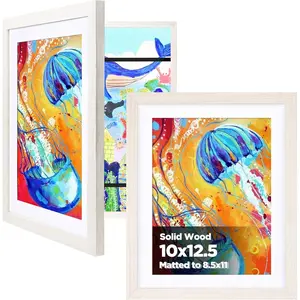 10x12.5 Kids Art Frame Set of 2, Wood Kids Artwork Frames Changeable with Front Opening Hold 150 Pictures, Art Frames for Kids Art with Mat,Mat 10x12.5 Picture Frame White Wood