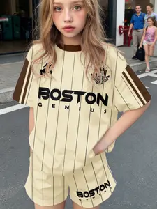 Girls' 2-Piece Set Casual Retro Striped Sporty Pattern Print Short Sleeve T-Shirt and Shorts, All Seasons Fitted Suit, Sports Sets