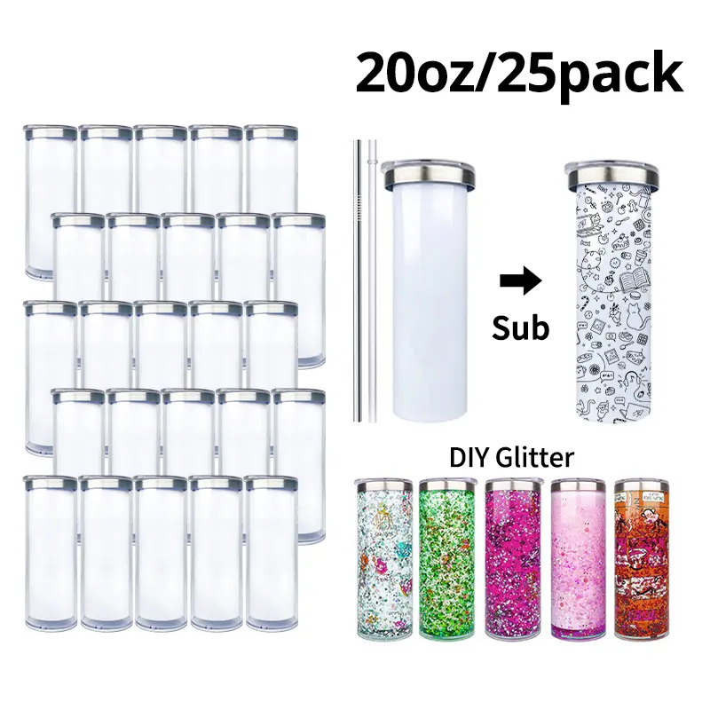 Crafix 25pcs 20oz Sublimation Stainless Steel Snow Globe Tumbler - Portable Insulated Cup, Double-Wall Vacuum Insulated Flask, Pre-Drilled Hole for DIY Glitter Festive Gifts, Plastic-Free Kitchenware Drinkware Water Bottles