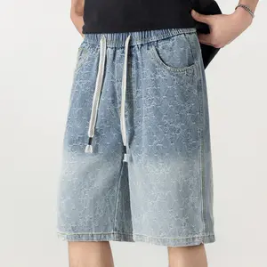 Men’s gradient jacquard denim shorts, elastic waistband drawstring loose casual denim shorts, summer street style outfit