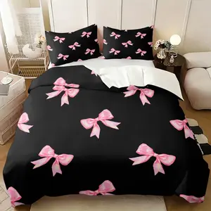 Black Base Pink Bow Print Duvet Cover Set, Include One Comforter Cover and 1/2 Pillowcases, Sweet Style Bow Pattern Fashion Quilt Cover, Skin-friendly, Breathable, Suitable for All Seasons