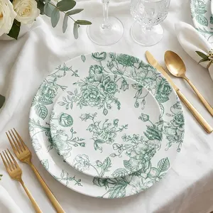10-Pack French Toile Plastic Salad Plates – Sage Green & White Floral, 7" Round Disposable Dessert Plates