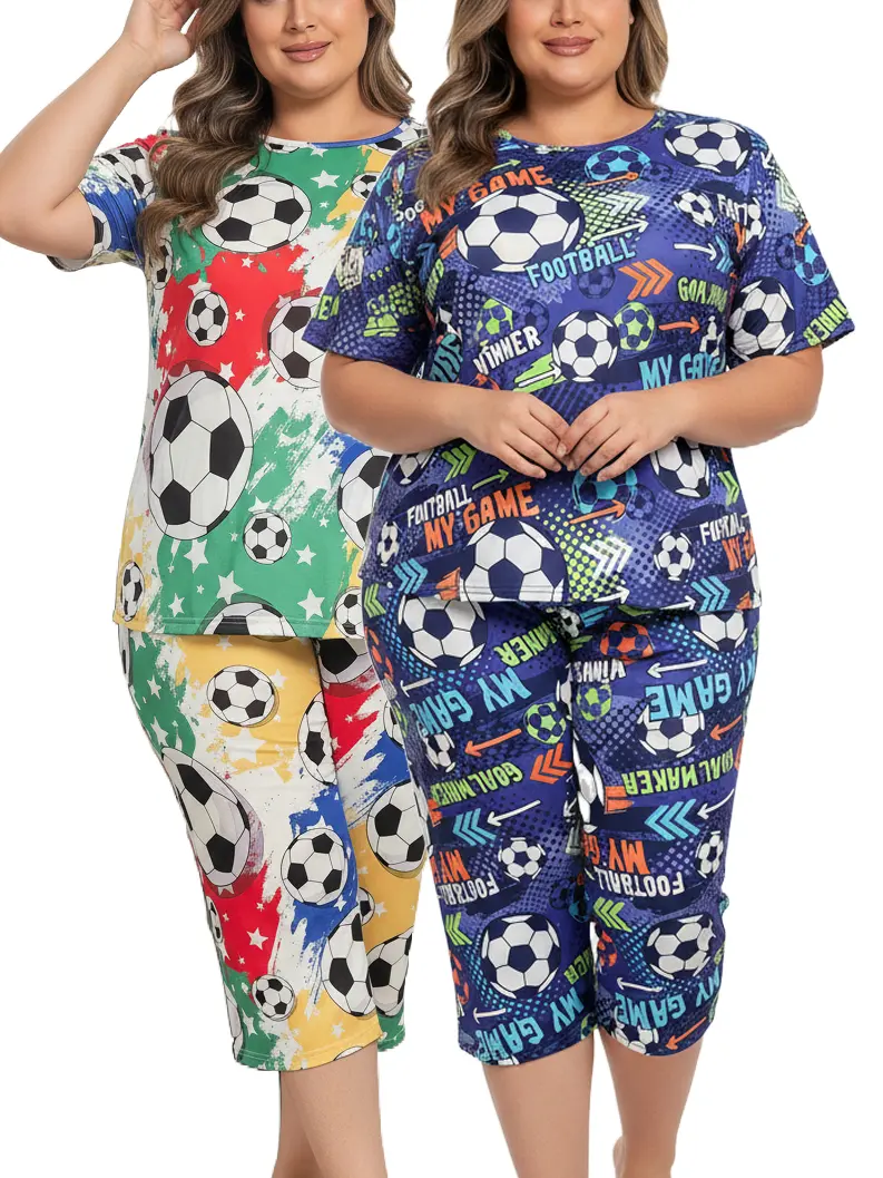 Women's Plus Size 2-Piece Soccer Print Pajama Set (1XL-5XL) - Comfy Milk Silk Shortsleeve Round Neck Top & Capri Pants, Twist Design Matching Sporty Graffiti Sleepwear with Fun Slogans, Ideal for Day Pajama Parties & Game Nights, Casual, Elastic