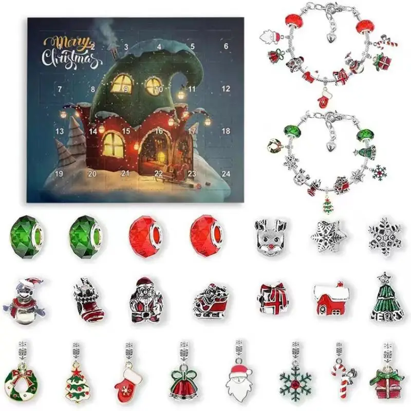 Christmas Advent Calendar Bracelets for Girls 24 Days Xmas Countdown Calendar Diy Jewelry Making Kit Gift Random Style 22 Charm Beads 2 Bracelets for