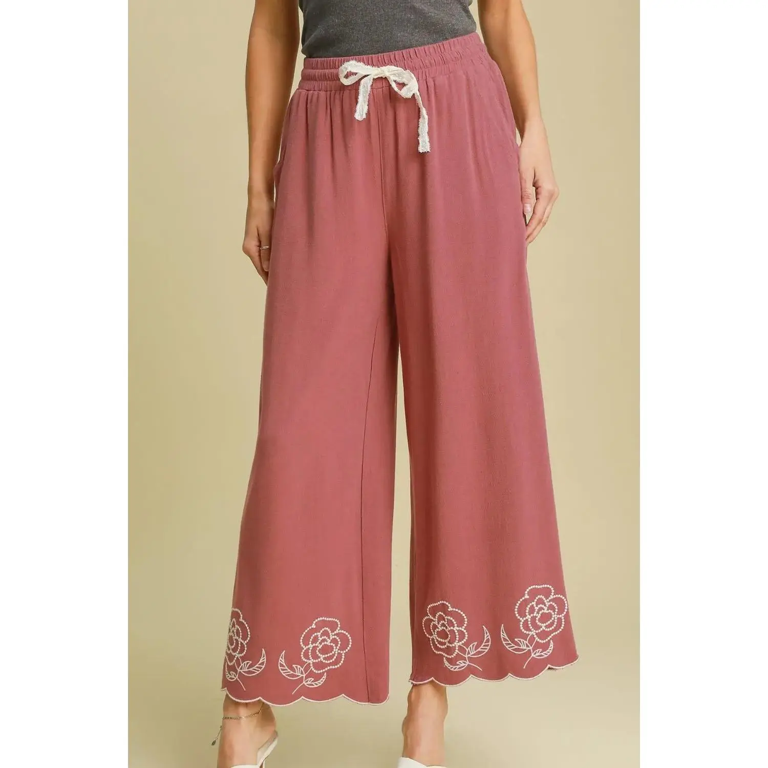 Umgee Full Size Linen Blend Wide Leg Pants with Scalloped Hemline Plus Size