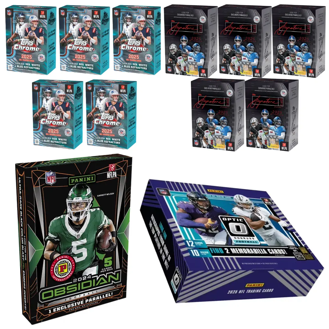 PYT BREAK #560 (x12 BOXES) - 2025 Optic Football HOBBY Preferred, 2024 Obsidian Football HOBBY International, (x5) 2025 Topps Chrome Football Blasters, (x5) 2025 Topps Signature Class Football Blasters - Sports Trading Cards