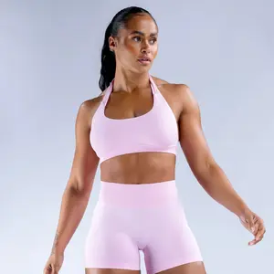 2 Pieces Yoga Suit for Women Seamless Fitness Gym Clothes Halter Sports Bra Matching Impact Shorts Workout Sets Gym Outfit