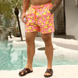 Men's Duck Print Swim Trunks, Loose Fit Beach Shorts, Comfortable Breathable Water Sports Pants, Casual Animal Print Boardshorts Summer Swim Bottoms Swimmingtrunks